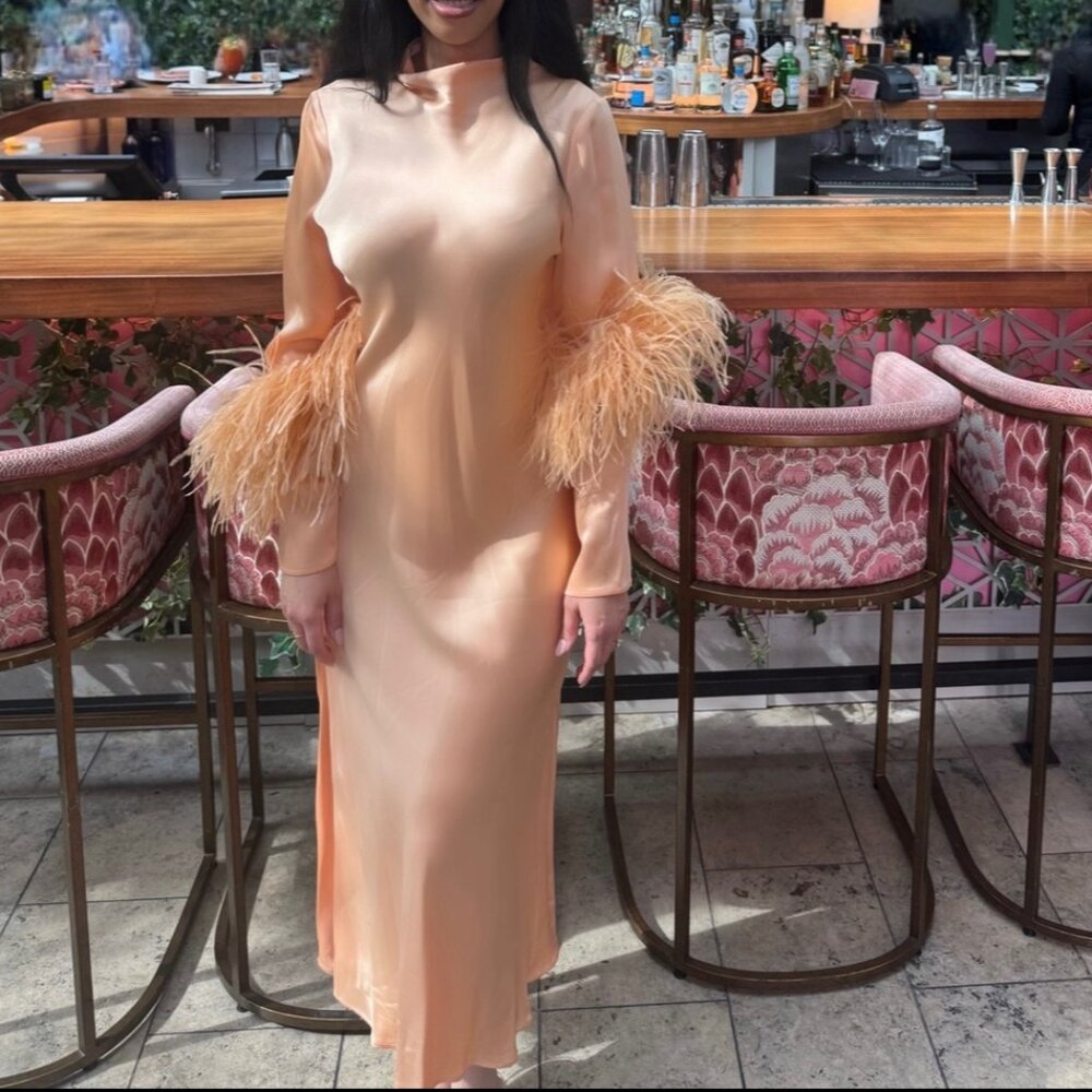Satin Bias Feather Dress With Slit- Melon